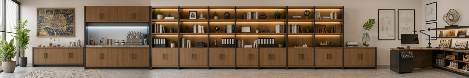 Modern office bookshelf wall with integrated storage cabinets, books, binders, decorative accents, and workspace organization solutions