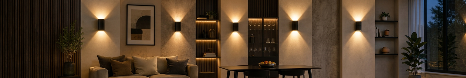 Modern wall sconces with warm ambient illumination across contemporary interior and exterior spaces