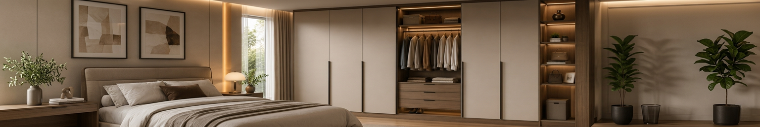 Modern wooden wardrobe with sliding doors open storage shelves and contemporary bedroom styling
