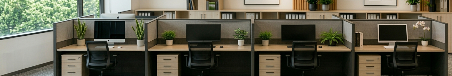 Modern cubicle workstation layout featuring partitioned office desks, privacy panels, ergonomic chairs, and modular office furniture systems
