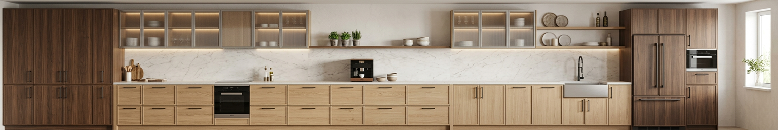 Modern Scandinavian kitchen cabinets with integrated storage, warm wood finishes, and contemporary minimalist kitchen styling