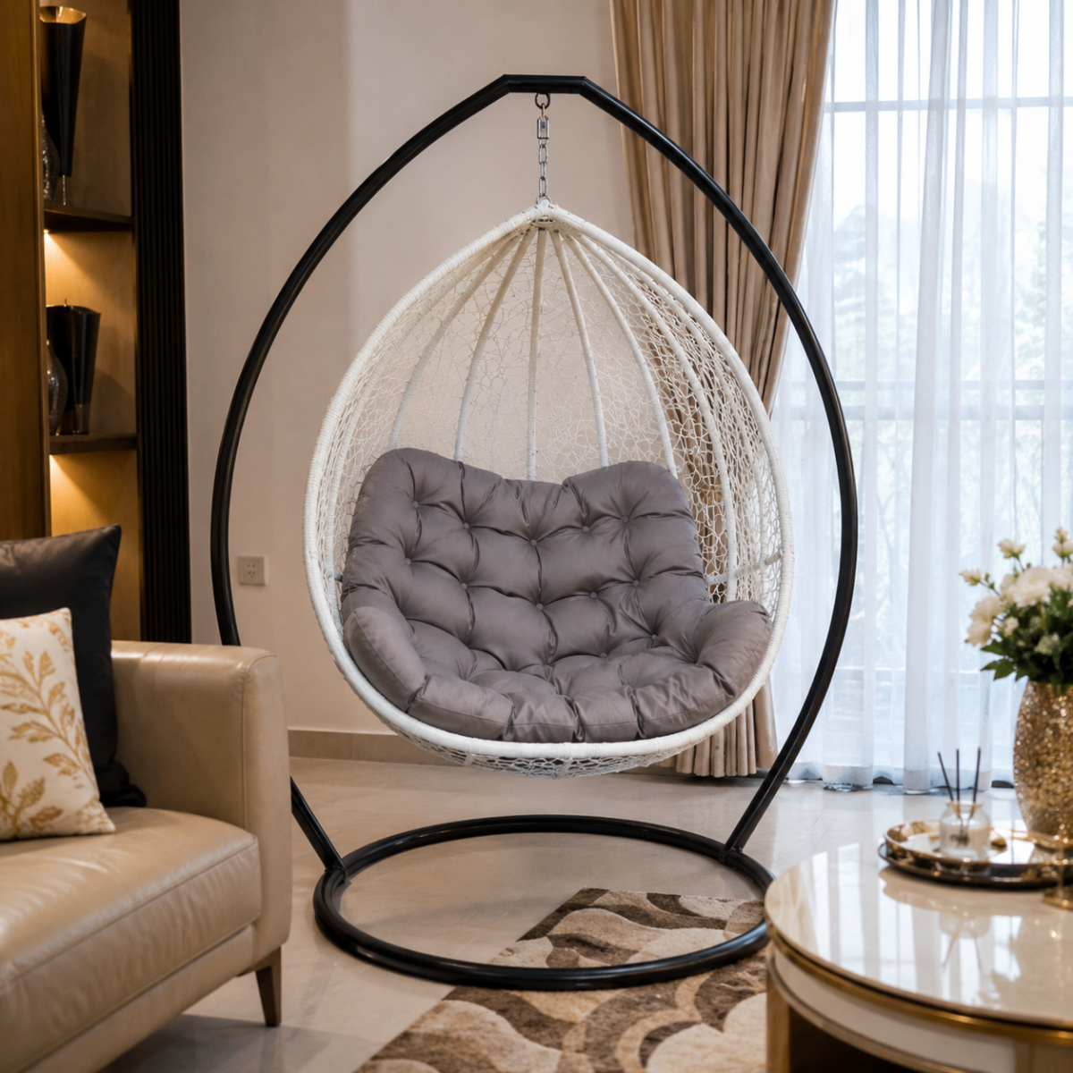 White Wicker Swing Chair with Cushion @HOG - Home, Office, Garden, Online Marketplace
