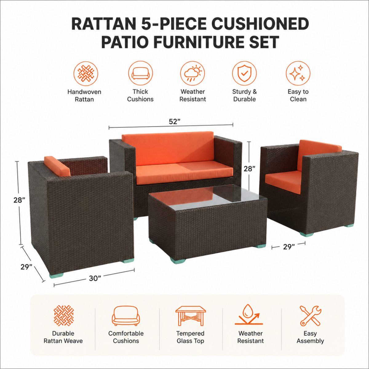 Rattan 5-Piece Cushioned Patio Furniture Set @HOG - Home, Office, Garden, Online Marketplace