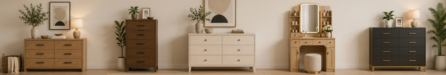 Modern wooden bedroom dresser with mirror lamp and decorative styling in a minimalist contemporary interior