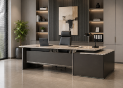 Modern executive office interior with luxury desk, shelving, and contemporary workspace design