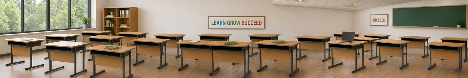 Modern classroom featuring rows of student desks with wooden tops and metal frames designed for schools, colleges, and educational institutions