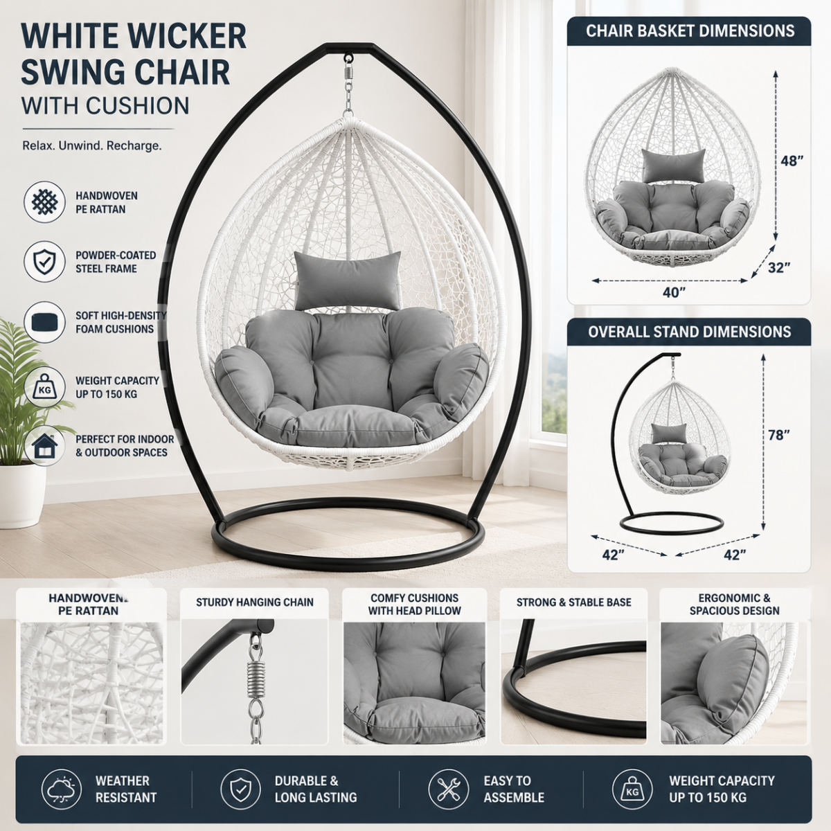 White Wicker Swing Chair with Cushion @HOG - Home, Office, Garden, Online Marketplace