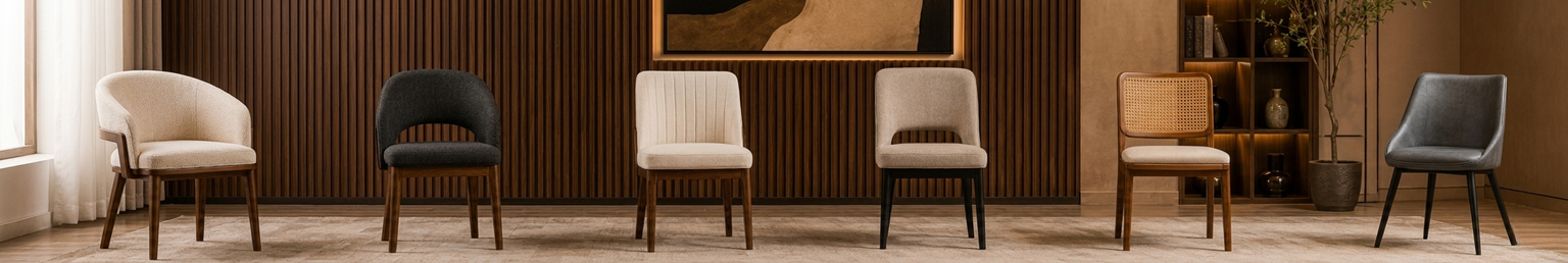 Modern dining chair collection featuring upholstered, wooden, cane, and contemporary chair designs in a luxury showroom setting