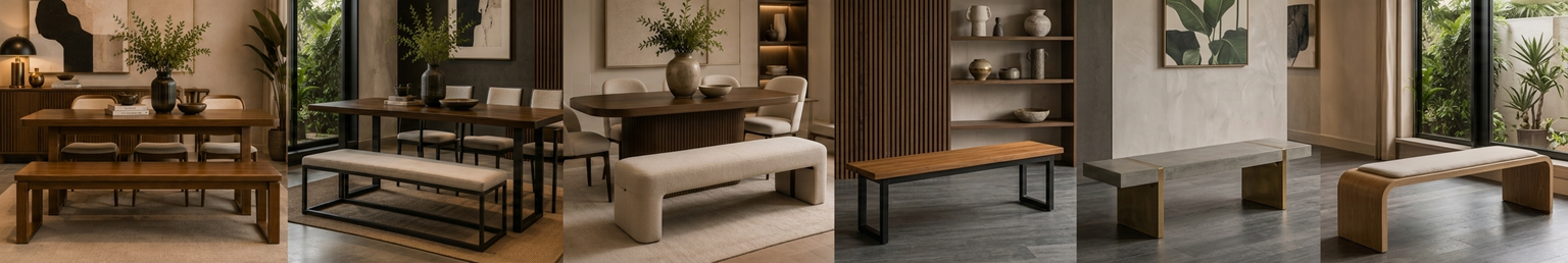 Modern dining bench collection featuring upholstered, wooden, and contemporary bench seating designs in elegant showroom interiors