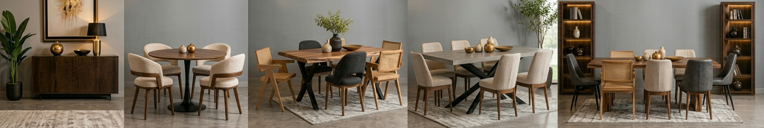 Modern dining set collection featuring marble and wooden dining tables with upholstered chairs in luxury showroom interiors