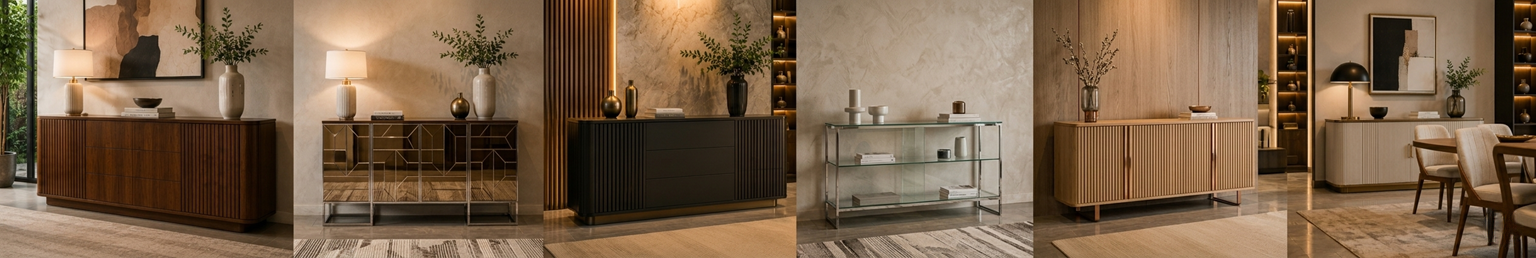 Modern sideboards and buffet cabinets displayed in a warm luxury showroom interior