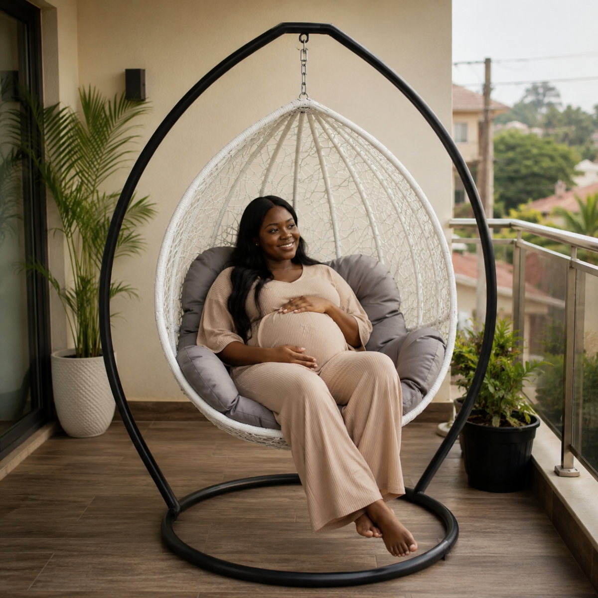 White Wicker Swing Chair with Cushion - Image 2