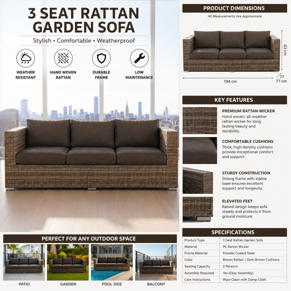 3 Seat Rattan Garden Sofa @HOG - Home, Office, Garden, Online Marketplace