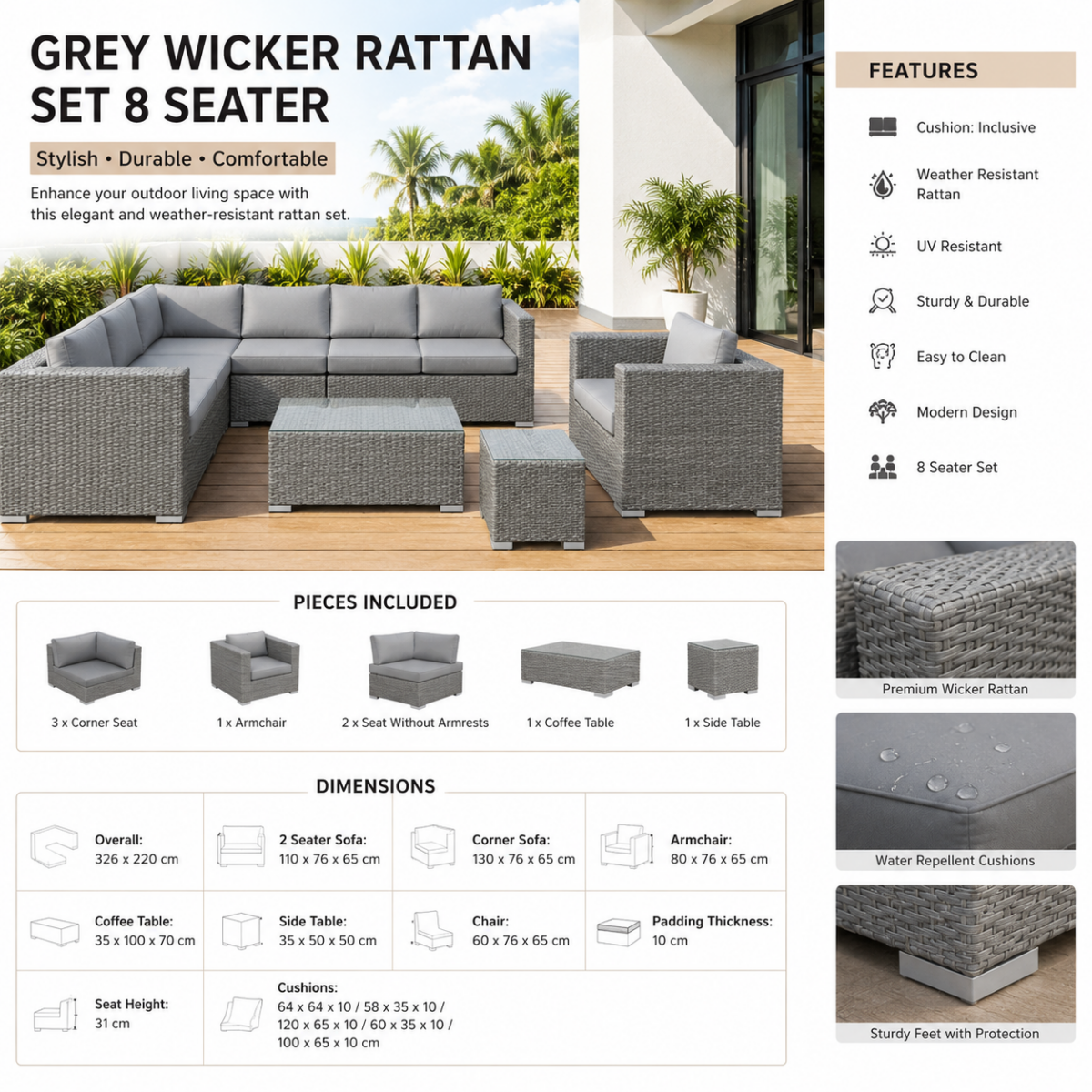 Grey Wicker Rattan Set 8 Seater @HOG - Home, Office, Garden, Online Marketplace