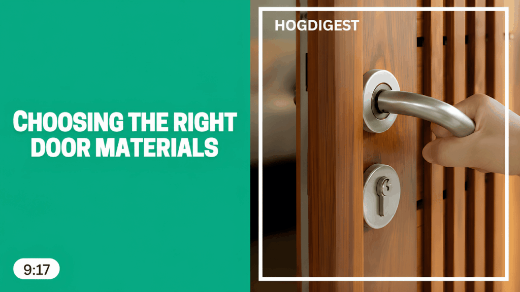 Close-up of a hand opening a wooden door, highlighting durable door materials for long-lasting home improvement projects.