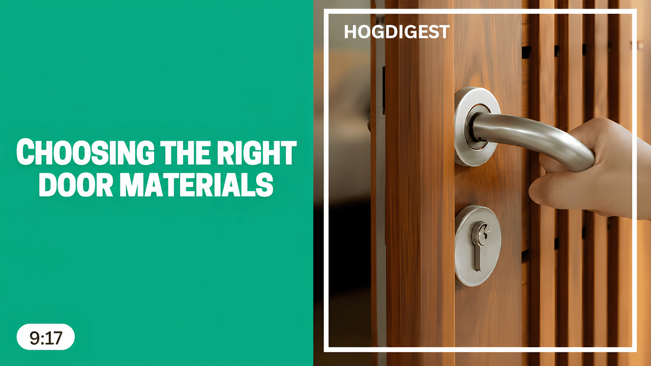 Close-up of a hand opening a wooden door, highlighting durable door materials for long-lasting home improvement projects.