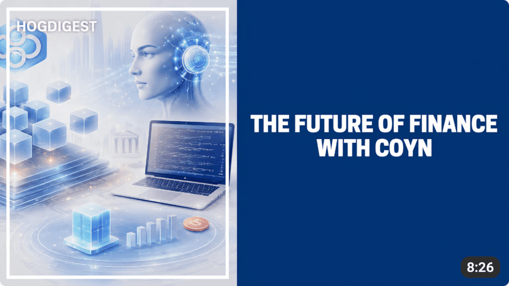 Futuristic digital finance illustration featuring artificial intelligence, blockchain-inspired technology, financial analytics, and a laptop displaying market data.