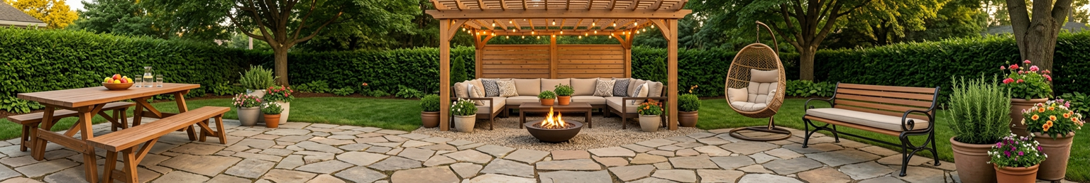Beautiful outdoor living space featuring picnic table, hanging swing chair, garden bench and fire pit