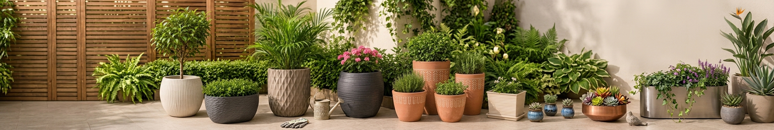 Decorative garden planters and pots with flowering plants on an outdoor patio