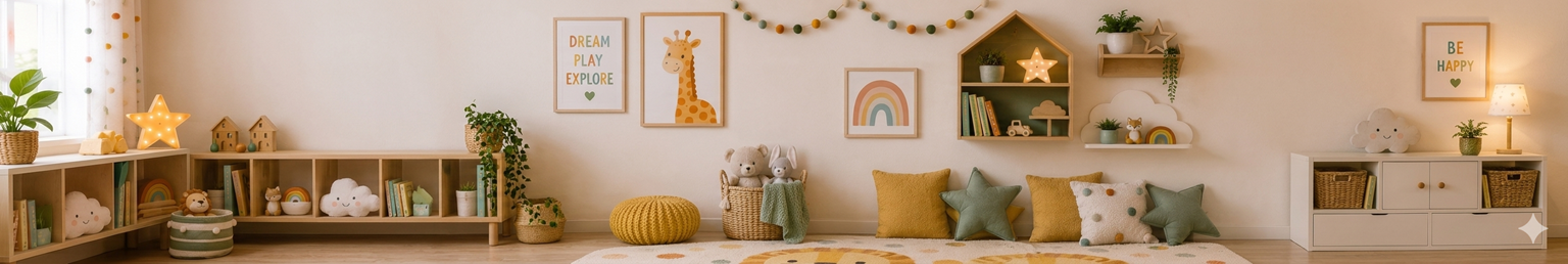 Kids decor featuring wall art, decorative shelves, soft toys, rugs, cushions, lighting and room accessories in a stylish children's bedroom