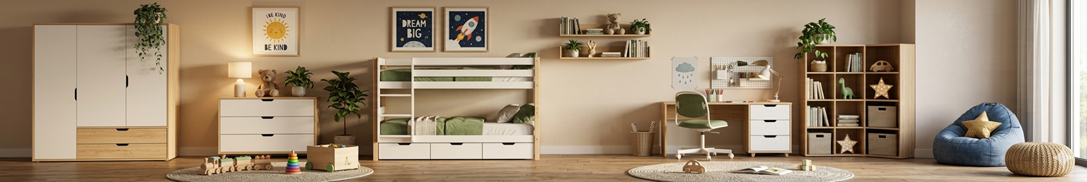 Modern kids bedroom furniture featuring a bunk bed, study desk, wardrobe, bookshelf, storage units and children's seating in a stylish bedroom
