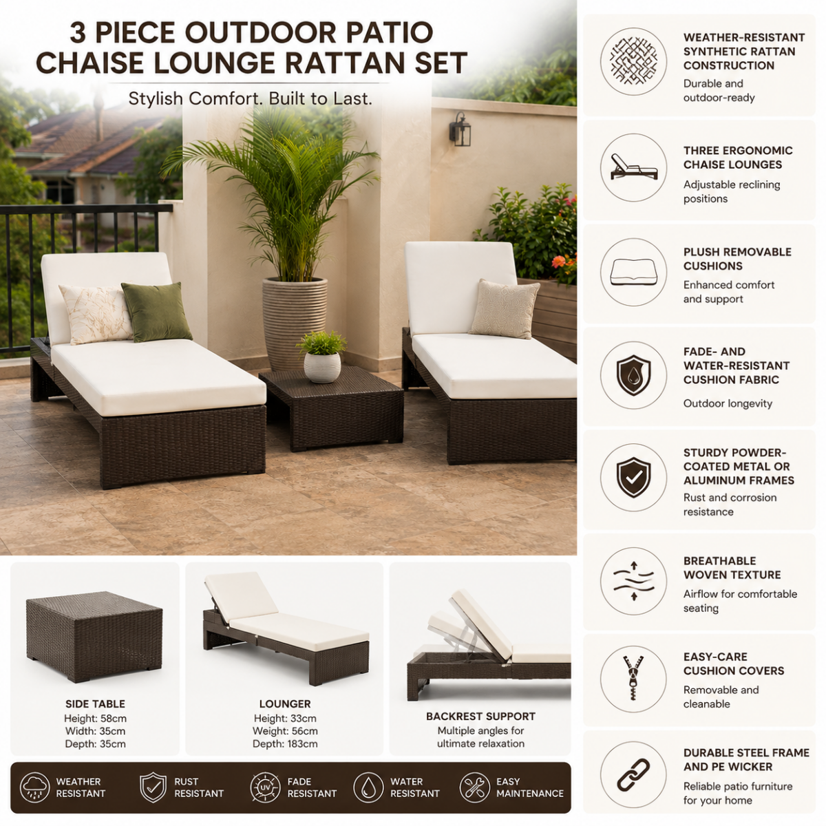 3 Piece Outdoor Patio Chaise Lounge Rattan Set @HOG - Home, Office, Garden, Online Marketplace