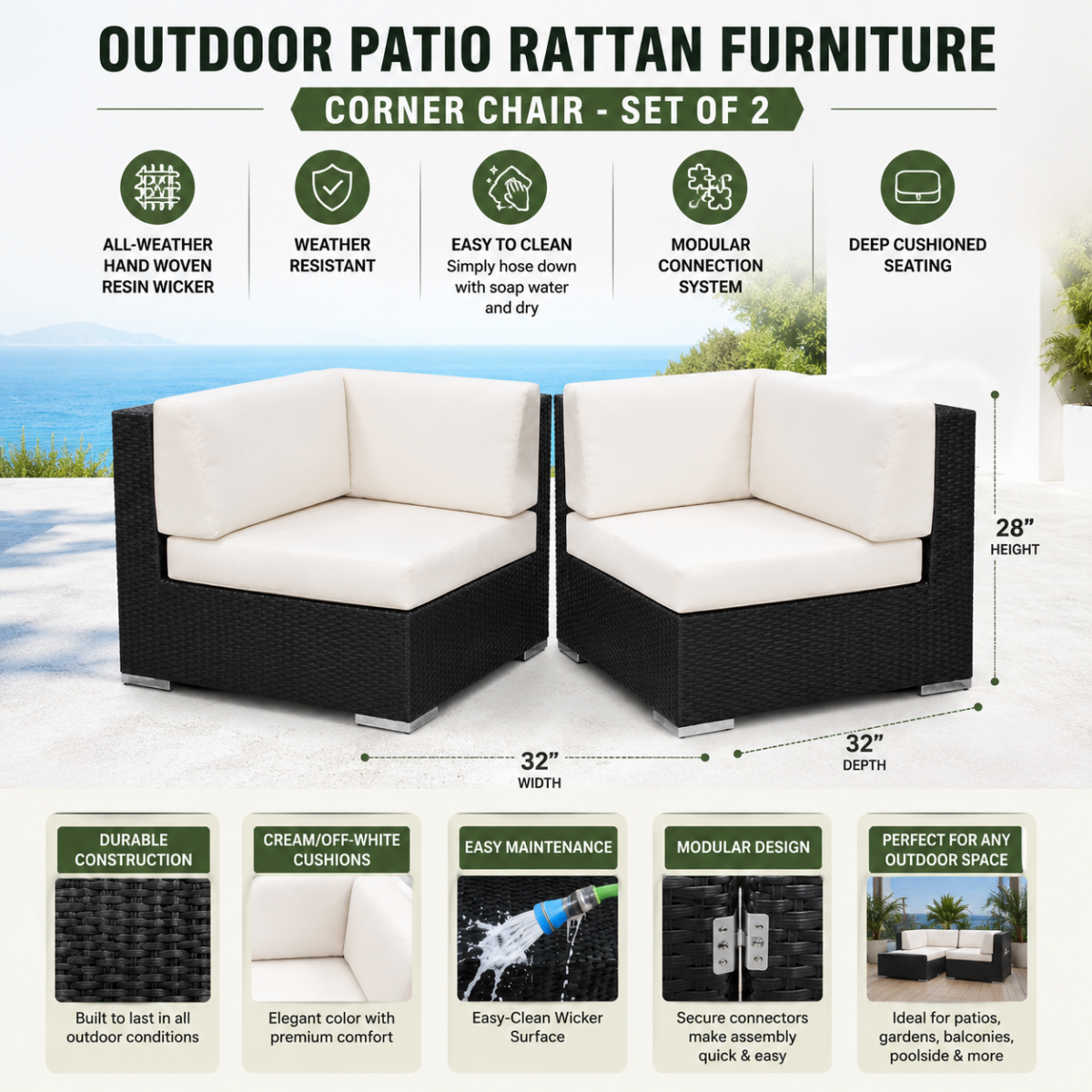 Outdoor Patio Rattan Furniture - Corner Chair- Set of 2 @HOG - Home, Office, Garden, Online Marketplace