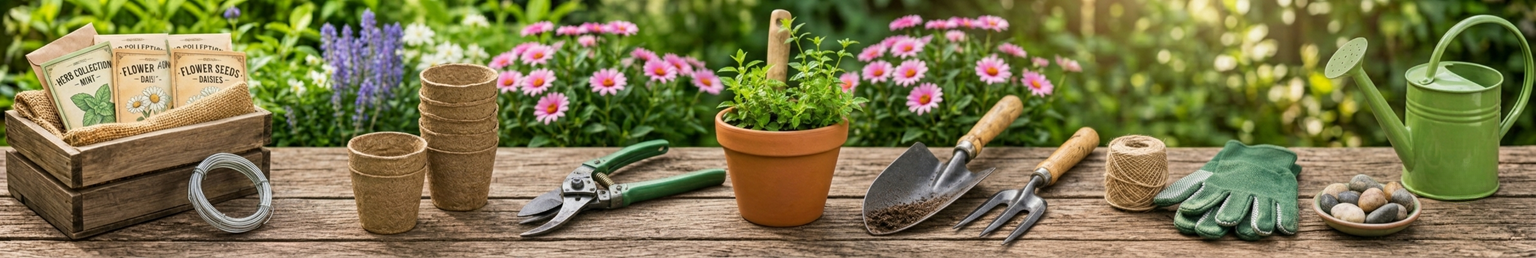 Garden tools including trowel, pruning shears, garden fork, watering can and gloves on a wooden workbench
