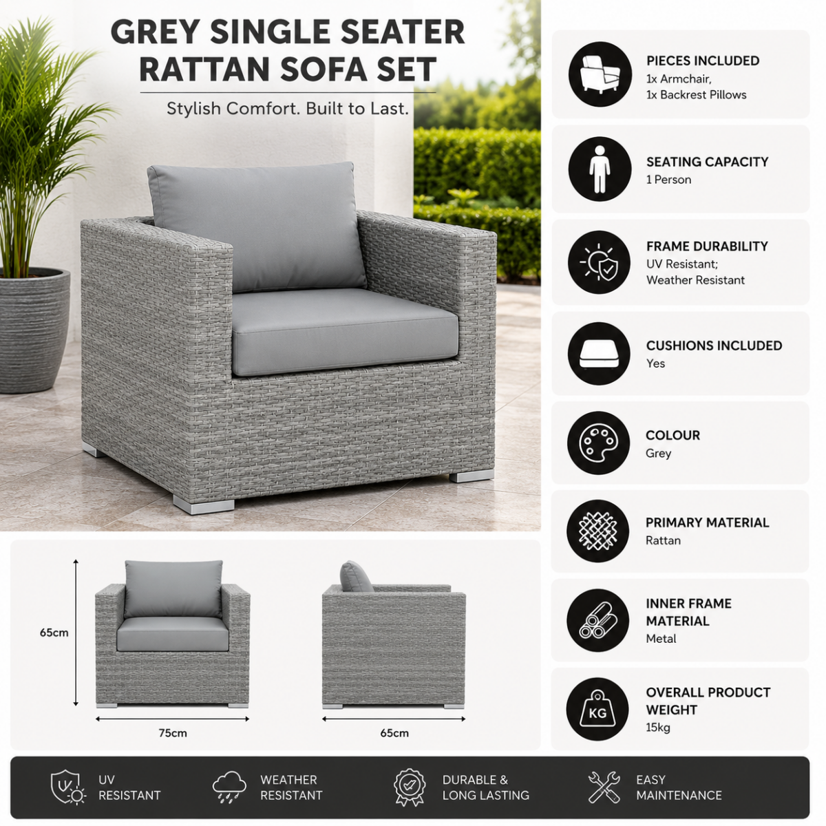 Grey Single Seater Rattan Sofa Set @HOG - Home, Office, Garden, Online Marketplace