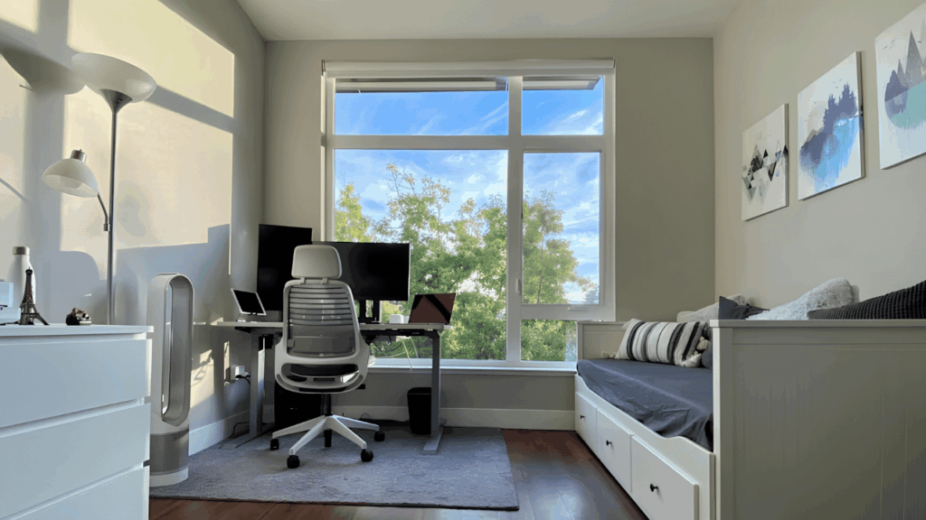 Minimalist home office setup with clean desk design, organized workspace, modern furniture, and creative elements that enhance productivity and focus.