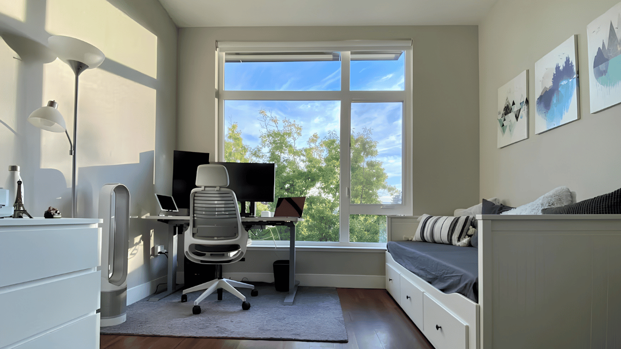 Minimalist home office setup with clean desk design, organized workspace, modern furniture, and creative elements that enhance productivity and focus.