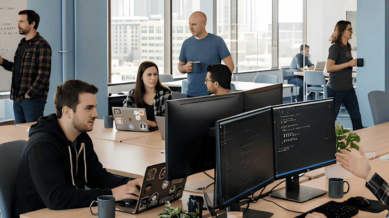 Modern office workspace featuring blue office furniture designed to create a calm environment that supports research, development, focus, and productivity.