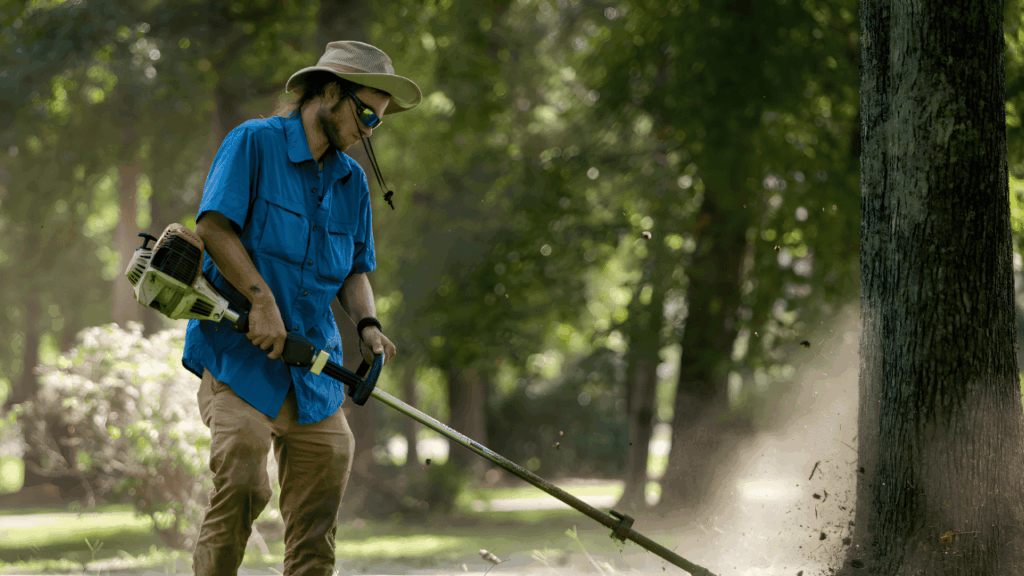 Outdoor garden space featuring essential gardening tools and equipment for maintaining plants, soil, and landscaping.