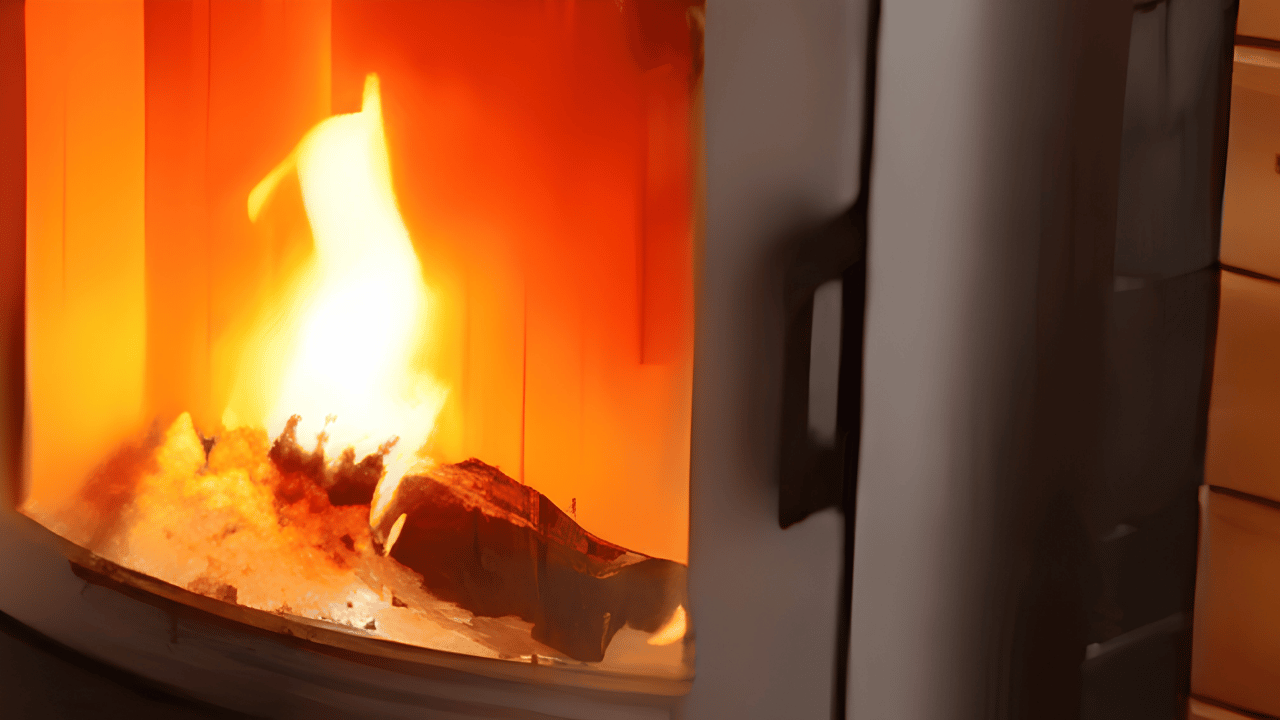 Modern inset stove installed into a living room wall, providing efficient and stylish home heating solution.