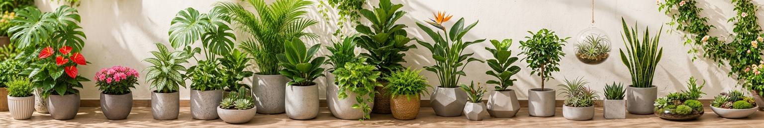 Collection of indoor and outdoor plants with lush greenery and flowering plants