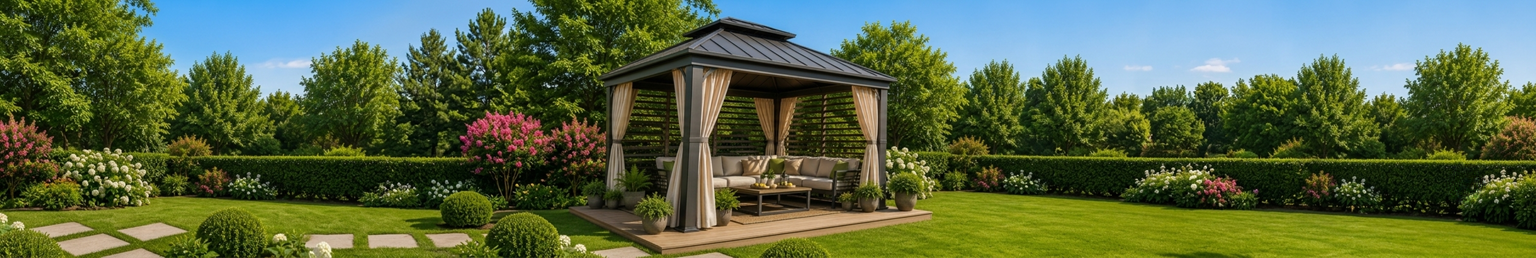 Luxury outdoor gazebo with comfortable seating and curtains in a landscaped garden