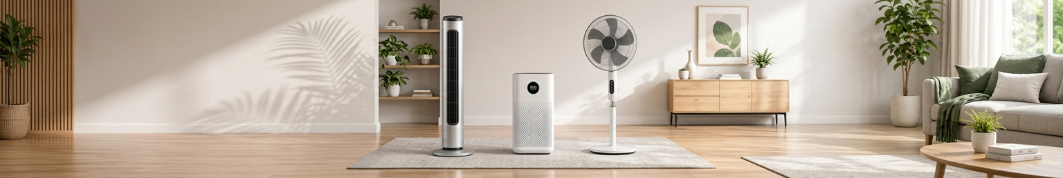 Modern pedestal fan, air purifier and tower fan in a contemporary living room
