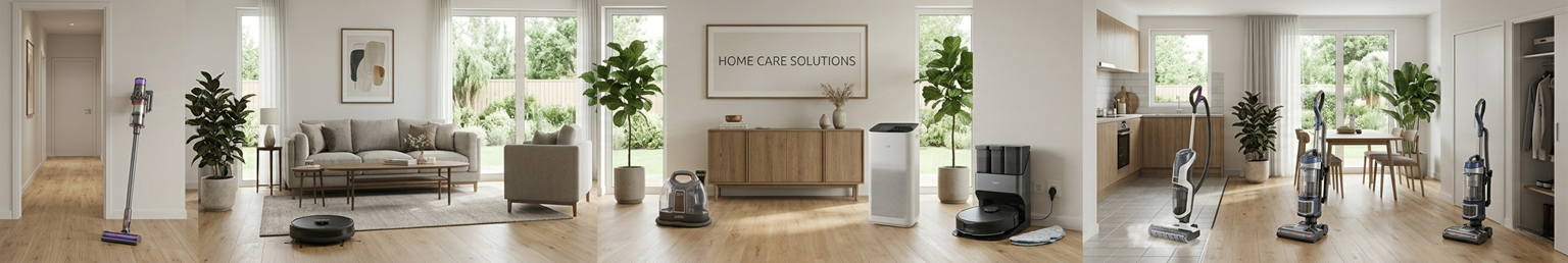 Modern cleaning appliances including cordless vacuum cleaner, robot vacuum and steam cleaner in a contemporary living room