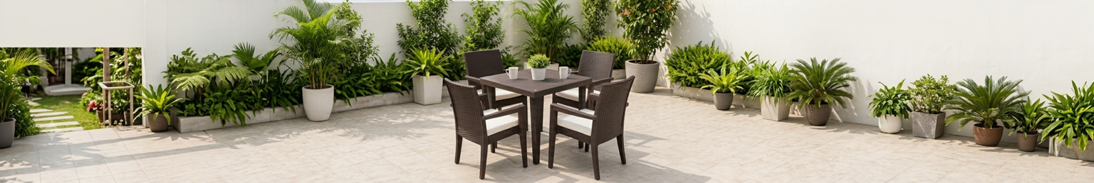 Plastic outdoor bistro set with table and chairs on a patio terrace