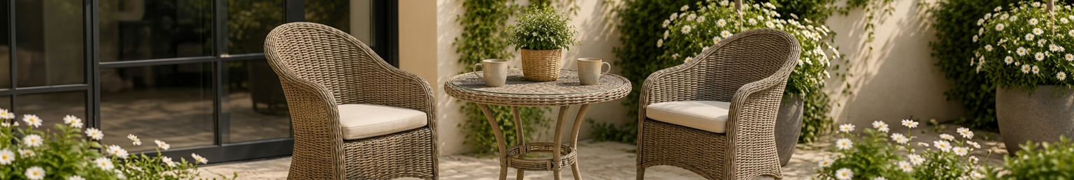 Faux rattan bistro set with outdoor table and chairs on a patio garden