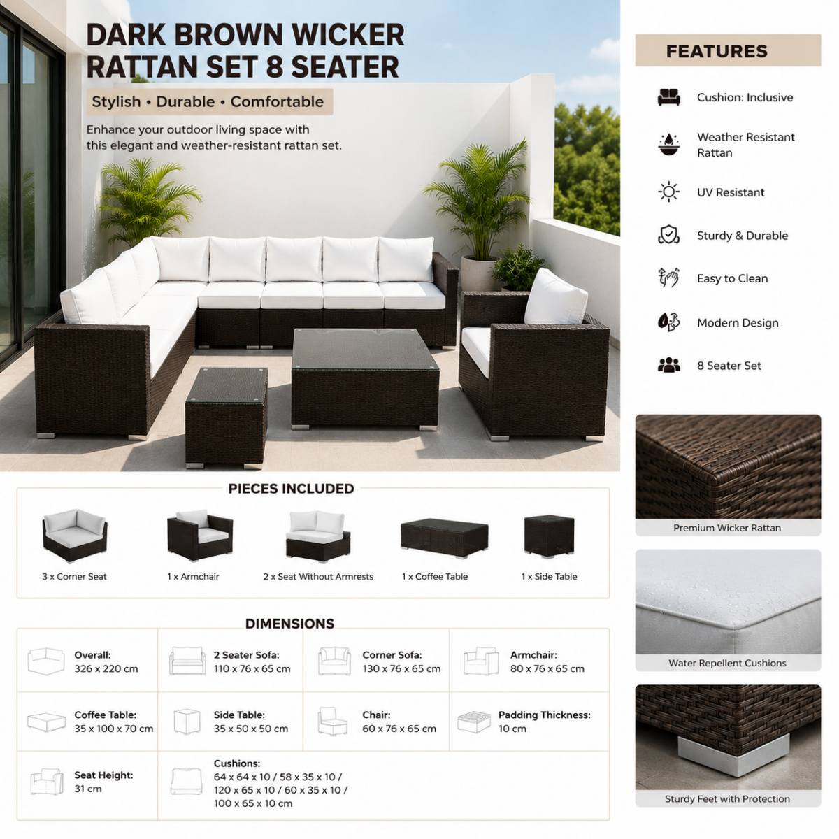 Dark Brown Wicker Rattan Set 8 Seater @HOG - Home, Office, Garden, Online Marketplace