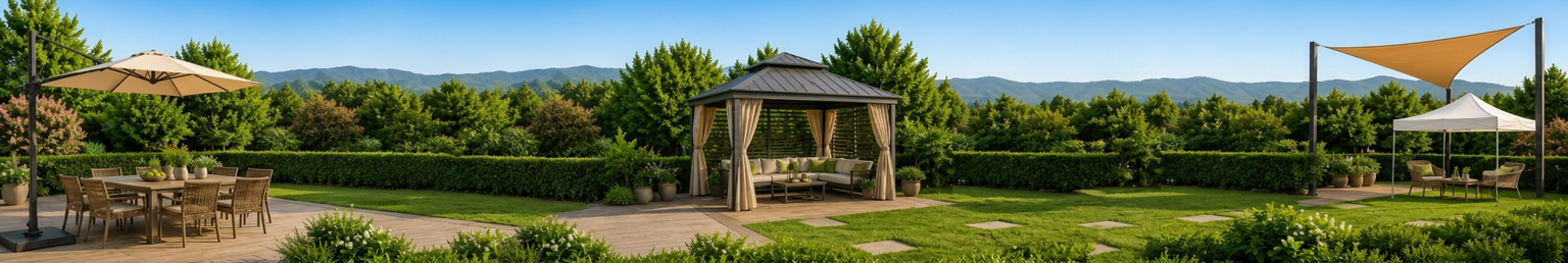 Outdoor shade solutions including cantilever umbrella, gazebo, shade sail and canopy tent in a garden setting