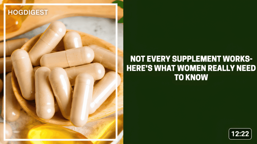 Close-up of dietary supplement capsules in a wooden spoon beside the headline "Not Every Supplement Works – Here's What Women Really Need to Know."