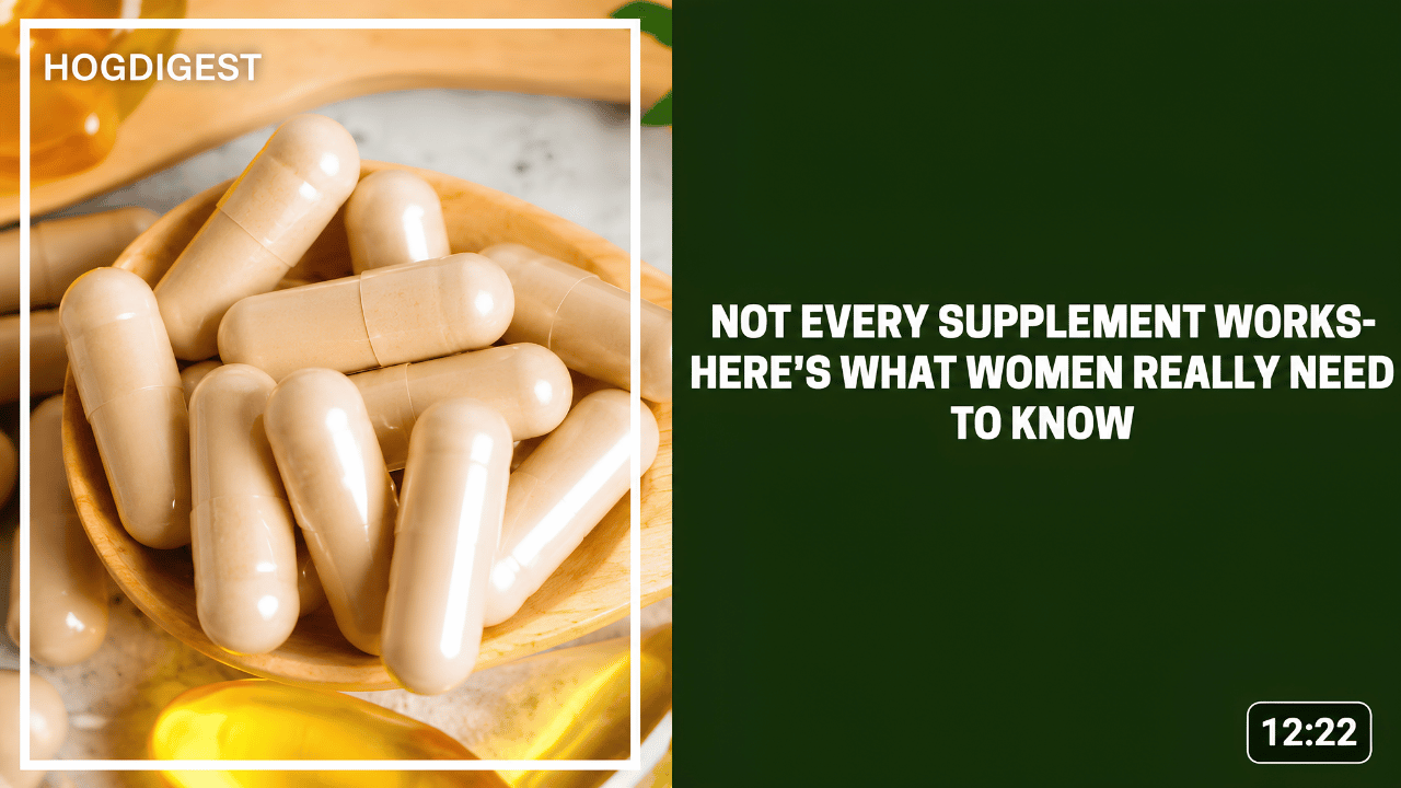Close-up of dietary supplement capsules in a wooden spoon beside the headline "Not Every Supplement Works – Here's What Women Really Need to Know."
